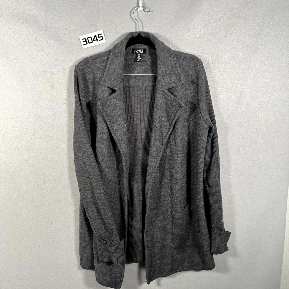Jones New York Blazer Cardigan Sweater Womens Large Gray Ribbed Knit Notch Lapel